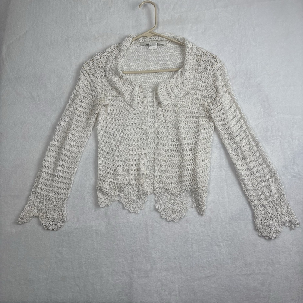 Y2K Bette Paige White Knitted Cardian Long Sleeve Sweater Women's Large Stains‎
